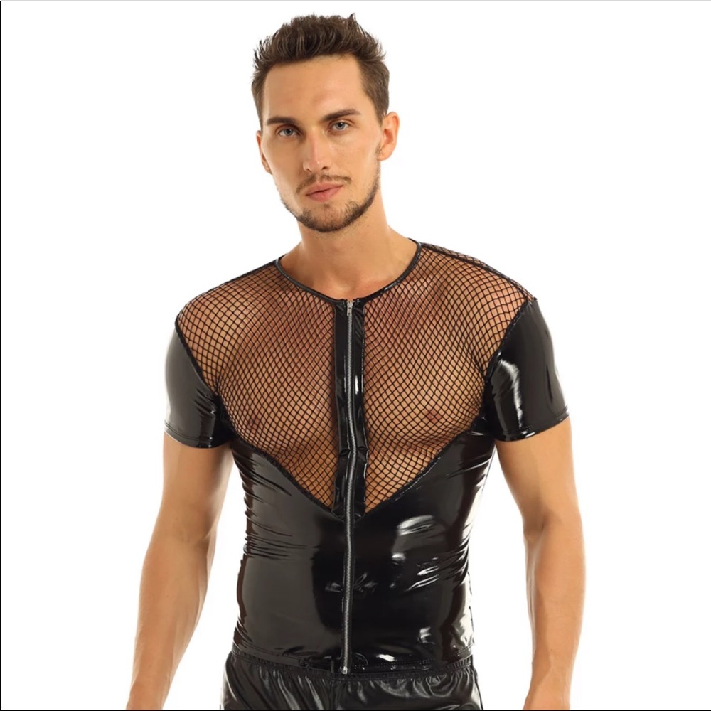 Mens Wetlook Patent Leather Fishnet Splice Short Sleeve Shirt T-shirt -US SIZE L